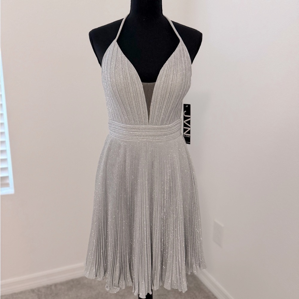 JVN by Jovani Silver Backless Dress